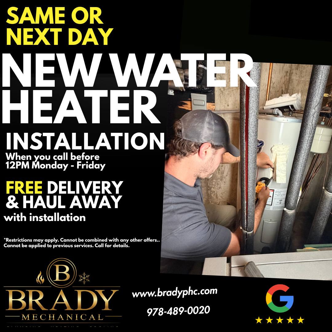 Same or next day new water heater installation with free delivery and haul away